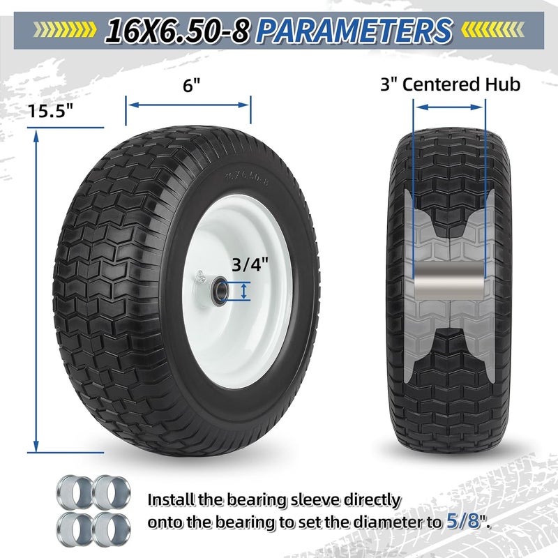 GICOOL 16x6.50-8 Flat Free Riding Lawn Mower Tire and Wheel, 2 Pcs 16x6.5-8nhs Garden Tractor Lawnmower Tyre, with 3/4" & 5/8" Bearing, 3" -4.5" -6" Centered Hub - Image 2